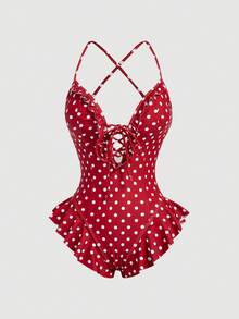 SHEIN MOD Women's Elegant Polka Dot Print Ruffle Tie One-Piece Swimsuit - Red - View 5
