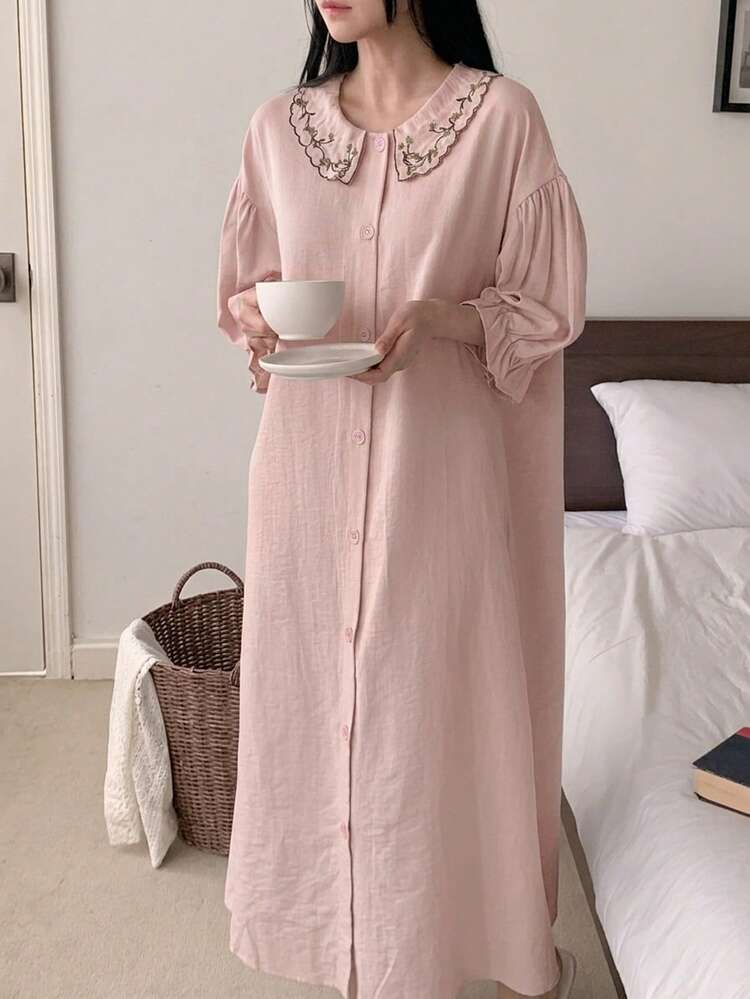 Floral Embroidered Loose Open Front Short Sleeve Dress, Summer Sleepwear Loungewear For Women