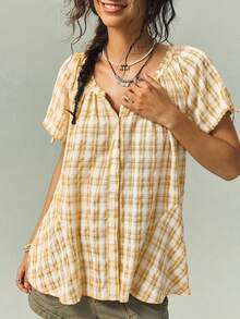SoleilVie Casual Plaid Short Sleeve Shirt, Summer - Yellow - View 4