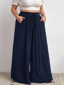 SHEIN CURVE+ 大尺碼高腰寬腿褲，附腰帶、側口袋、羅紋面料、黑色，適合度假、優雅休閒場合、基本搭配、夏季、海灘假期、波西米亞節慶波西米亞度假 - 藏蓝色 - 查看 6