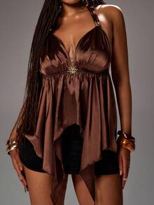 Rustia Plus Size Women's Solid Color Halter Neck Tie Metal Decor Sexy Elegant Versatile Date Night Concert Party Outing Top Chocolate Brown Summer - Coffee Brown - View 3