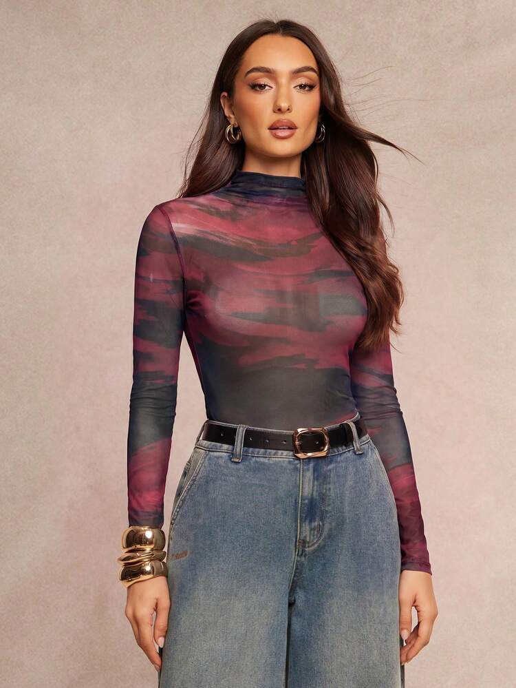 Silquee Women's Spring Summer Autumn Sexy All-Over Print Sheer Mesh Stand Collar Long Sleeve Fitted Bodysuit - Multicolor - View 1