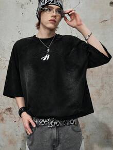 ROMWE MEN Men's Washed Distressed Patchwork Loose Fit Short Sleeve T-Shirt - Black - View 4