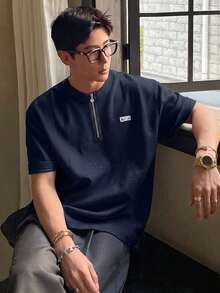 DAZY 男士純色1/3拉鍊領灰色紋理面料T恤，夏季 - 藏蓝色 - 查看 6