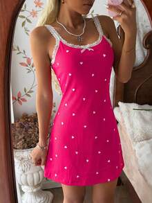 CottageSlumber Pink Women's Nightgown With Heart, Fine Rib Texture, Silk Contrast Lace, Romantic Spaghetti Strap Dress - Hot Pink - View 7