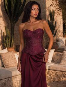 Glamrae Elegant Luxurious Jacquard Satin Patchwork Strapless Fishtail Dress With Ruched Sleeves,Suitable For Weddings,Parties,Balls And Formal Events - Burgundy - View 1