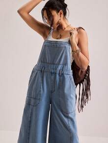 Freevana Plus Size Women's Pocket Casual Formal Daily Travel Denim Strapless Wide Leg Jumpsuit Light Blue Summer - Medium Wash - View 5