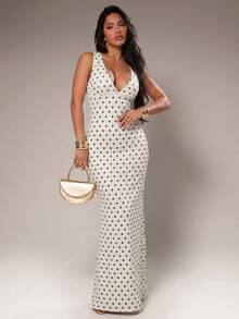 Vestido de mujer de verano, elegante y chic, combinación de marrón y amarillo con lunares, vestido de cuello en V escotado, vestido de sirena, vestido ajustado, vestido largo, v - Amarillo - Ver 8