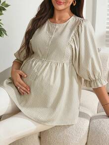 SHEIN Women's White Striped Shirt, Half-Open Collar, Single-Breasted, Loose Sleeves And Hem Design, Elegant Softmotherhood And Versatile, Autumn Maternity - Khaki - View 2