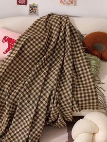 1pc Small Square Checkered Woven Sofa Blanket, Casual Style Polyester Rectangular Tassel Throw For Nap Or Daily Use At Office - Brown - View 9