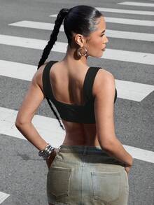 Denimoi Crop Top, Tank Top Pendek, Pakaian Sehari-hari, Atasan Lapis, Busana Streetwear Seksi, Crop Top Dasar - Hitam - View 5