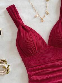 Soleia Casual Romantic Vacation Plain Color Twist Pleat Red Camisole Christmas Valentine's Day New Year,Summer Top No Chest Padding - Red - View 5