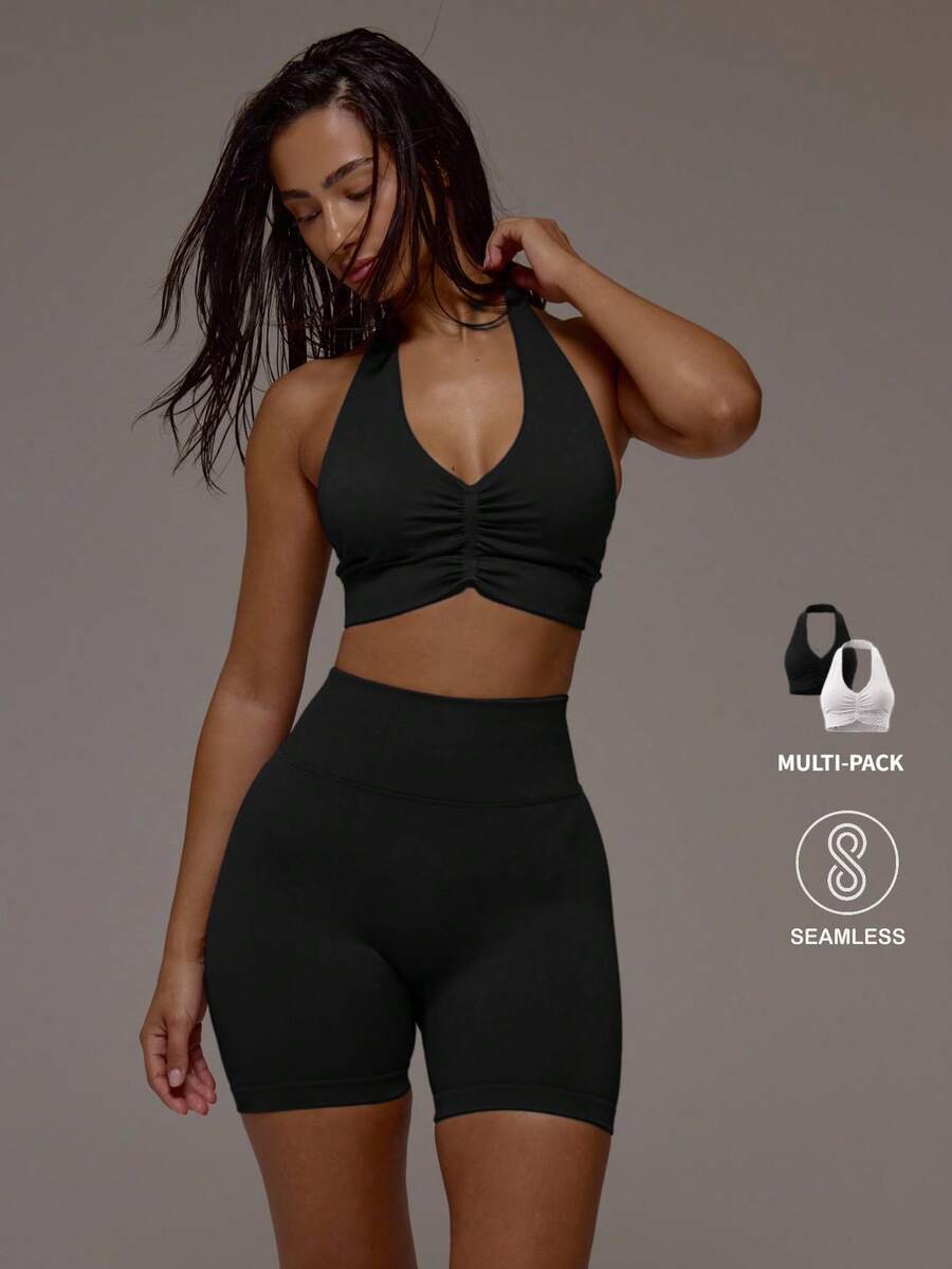 Musera Sport 2PCS Halterneck Ruched Front Sports Bra Multi-Pack Active Workout Gym Pilates Fitness Daily Casual Smoky Quartz - Black and White - View 1