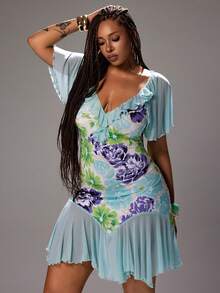 Rustia Robe ajustée à volants avec imprimé floral élégant, grande taille, printemps/été - Multicolore - Voir 6