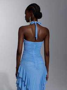Elitara Elegant, Simple, Minimalist, And Stylish, Light Blue Stretch Mesh Fabric With Handcrafted Metal Embellishments, Ruffled Hem, Halter Neck, Pleats, Sexy Open Back, And A Small A-Line Train. Suitable For All Weddings, Formal Occasions, Dates, Parties, Birthday Parties, And Bridesmaid Dresses. - Baby Blue - View 8