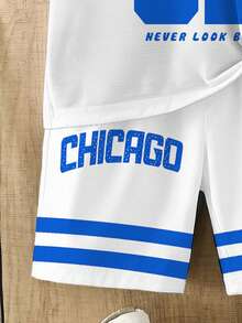 2pcs/Set Toddler Boys' Casual Creative Numeric 32, Chicago Star Striped Colorblock Letter Graphic Print Short Sleeve T-Shirt And Shorts Set, Comfortable Daily Wear, Suitable For Spring, Summer - Multicolor - View 6