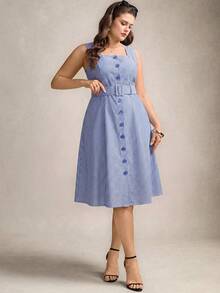 Zelara Plus Size Striped Print Square Neck Belted Sleeveless Midi Dress - Blue and White - View 4