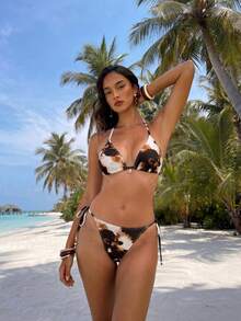 Aloruh 女款夏季新款優雅性感海灘裝 紮染棕色調印花海洋裝飾藝術風 海邊度假時尚泳衣套裝 - 彩色 - 查看 6