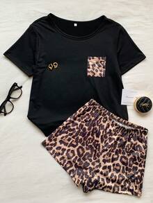 Comfortcana Leopard Print Crew Neck Short Sleeve Pajama Set - Black - View 5