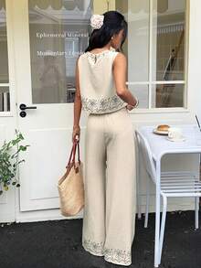 Serisse Women's Casual Jamican Linen Mitation Embroidery Floral Print Design Plant Embroidery Shell Trim Round Neck Top And Wide Leg Pants 2 Pieces Set - Brown - View 4