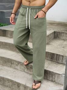 VENTUSAIL 男士抽绳腰带休闲棉麻工装裤 - 軍綠色 - 查看 4