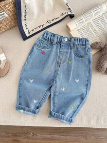 SHEIN LMoss Kids 女嬰彩色愛心刺繡圖案藍色牛仔寬鬆錐形長褲 - 淺色水洗藍 - 查看 5