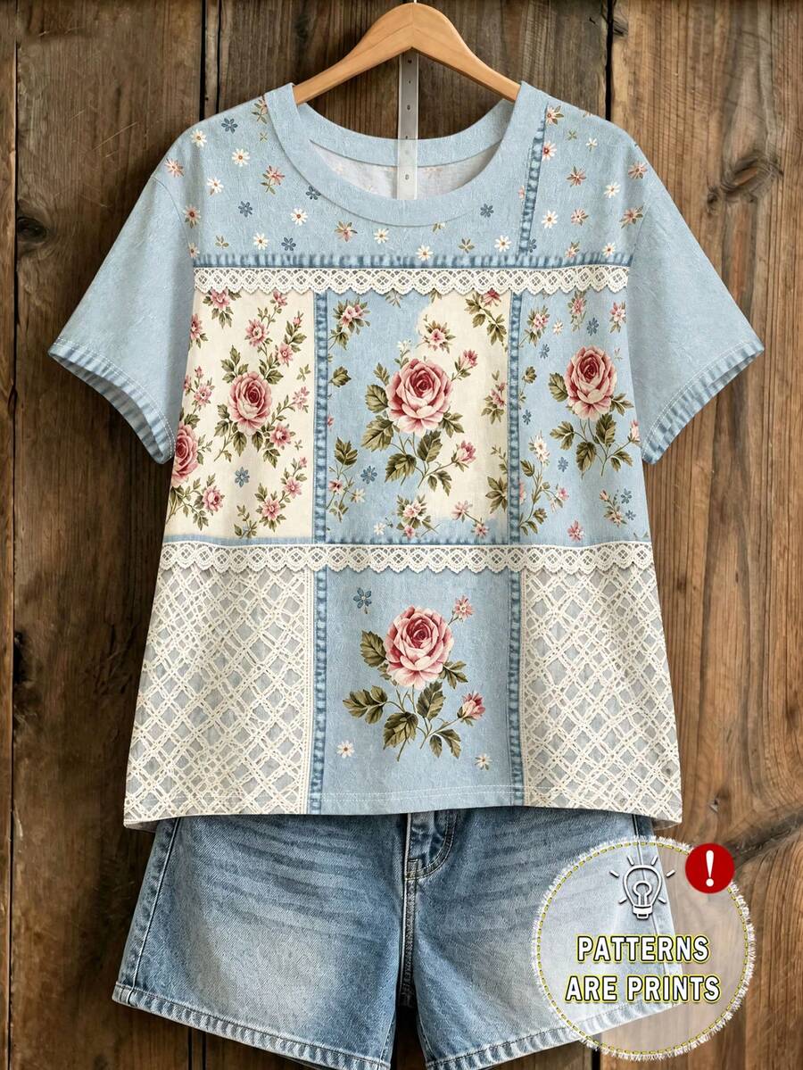 EMERY ROSE Camiseta de talla grande con diseño de patchwork, patrón de encaje, estampado floral, cuello redondo y manga corta, estilo artístico - Multicolor - Ver 1