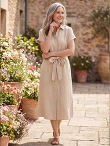 SHEIN Middle-Aged & Elderly Women's Solid Color Shirt Dress - Khaki - View 3