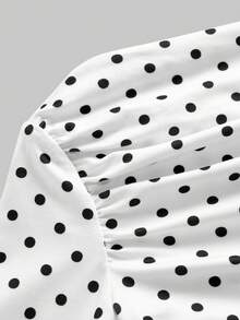 Firerie Kids Tween Girl Casual Daily Asymmetrical Shoulder Black And White Polka Dot Long Sleeve Fitted T-Shirt Top - Black and White - View 2