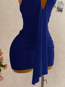 Soleia 女款素色掛脖綁帶性感約會派對迷你洋裝 - 藏蓝色 - 查看 5