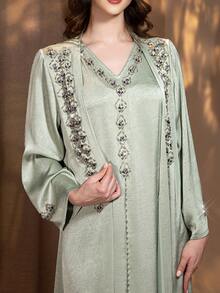 Layrah Women's Rhinestone V-Neck Dress And Long Robe Casual Party Travel Arabic Set - Green - View 4