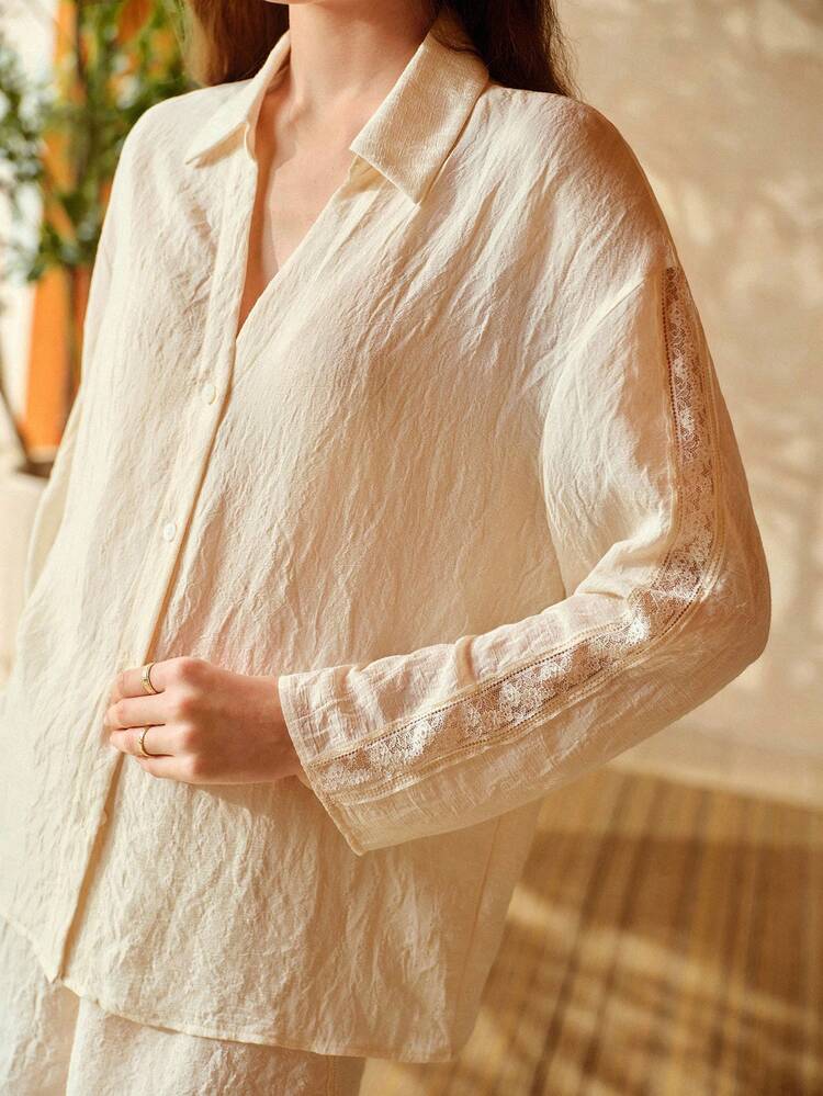 WOMEN'S LINEN COLLAR CONTRAST LACE PAJAMA SET, SPRING/SUMMER