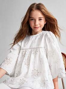 Maija Kids Maija Kids 青少年女孩寬鬆刺繡布料襯衫、上衣、開學季、夏季上衣、Y2k、女童衣服、女童襯衫、秋季、度假、波西米亞風上衣 - 白色 - 查看 3