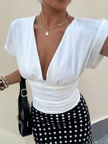 Lavishia Áo thun nữ cổ chữ V màu trắng thời trang thoải mái cho mùa hè - trắng - Xem 3