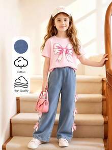 SHEIN ChillGRL 2 pièces/Set Style Y2K pour préadolescentes, T-shirt imprimé nœud et pantalon en denim avec détail nœud 3D, convient pour l'été - Rose bonbon - Voir 6