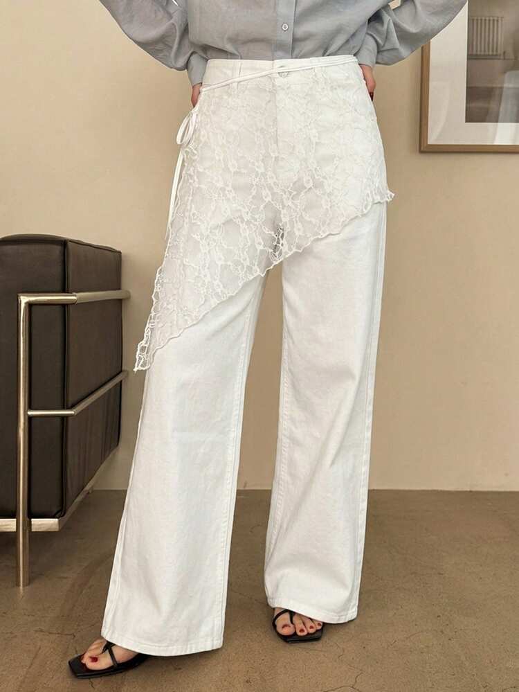 Women's Spring/Summer Loose Fit Pocket Flared Jeans Paired With Lace Hem