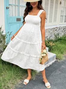 SHEIN Pregnant Women Solid Color Square Neck Lace Decor Shirred Sleeveless Minimalist Dress - White - View 6