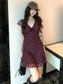K-Vae 女款優雅休閒短袖性感V領網格圓點印花短洋裝，女款優雅戶外約會洋裝，夏季度假洋裝，音樂節洋裝，沙灘洋裝 - 咖啡 - 查看 5