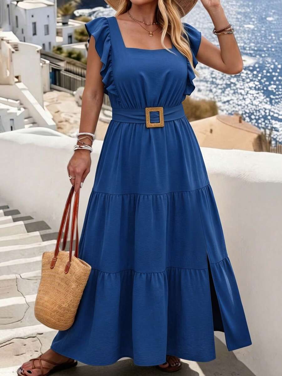 Breezaya Plus Size Solid Color Square Neck Cap Sleeve Ruffle Hem Elegant Summer Dress Vacation Royal Blue - Navy Blue - View 1