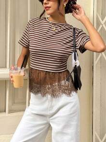 Serisse Women's Casual Lace Patchwork Striped T-Shirt, Summer - Brown - View 5