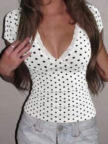 SHEIN EZwear Áo thun nữ ôm dáng, nền trắng, chấm bi, phối ren tương phản. - trắng - Xem 1