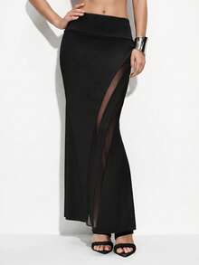 SHEIN ChicEase 女士网纱拼接休闲百搭约会外出A字裙 - 黑色 - 查看 2