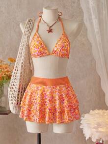 Swim Mod Women's Beach Vacation Music Festival Spring/Summer Floral Stripe Printed Ruffled Halter Neck Backless Cute Flowy Bikini 3-Piece Set White Floral Sexy - Multicolor - View 7