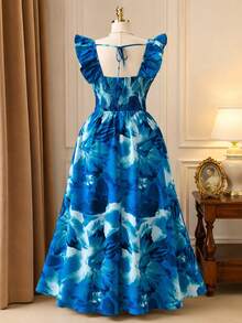 DreamSkyne Plus Size Women's New Navy Blue Floral Print Twist Front Waist Cap Sleeve Split Hem Dress, Suitable For Vacation Dates Wedding Summer Elegant - Multicolor - View 2