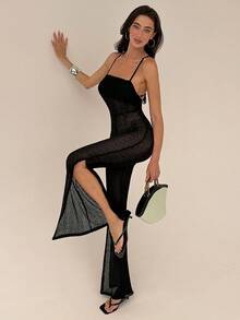 SHEIN Glamour 2026 Spring/Summer New Black Textured Pleated Mesh Jumpsuit, Sexy Rave Spaghetti Strap Slit Flare Leg Pants, Resort Vacation Outfit Beach - Black - View 12