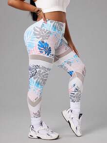 SHEIN Rhythm Era Quần legging thể thao nữ cỡ lớn in họa tiết cây nhiệt đới, cạp cao, phối lưới xuyên thấu. - Nhiều màu - Xem 4