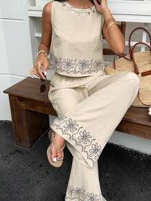 Serisse Women's Casual Jamican Linen Mitation Embroidery Floral Print Design Plant Embroidery Shell Trim Round Neck Top And Wide Leg Pants 2 Pieces Set - Brown - View 6