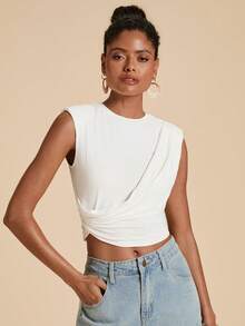 Travachic Women's Solid Color Pleated Casual Versatile Daily Wear T-Shirt - White - View 4
