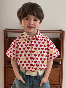 Dazy Kids 心形圖案翻領寬鬆休閒男童襯衫 夏季款 - 紅色 - 查看 5