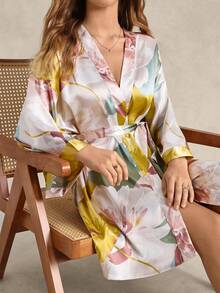 EverLounge Floral Print Drop Shoulder Belted Satin Robe Without Lingerie Luxe Loungewear, Fall, Winter - Multicolor - View 1